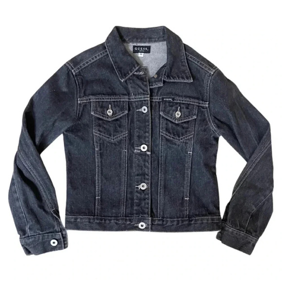 GUESS Girls Black Denim Trucker Jacket – Size M – Button-Up - Picture 2 of 9